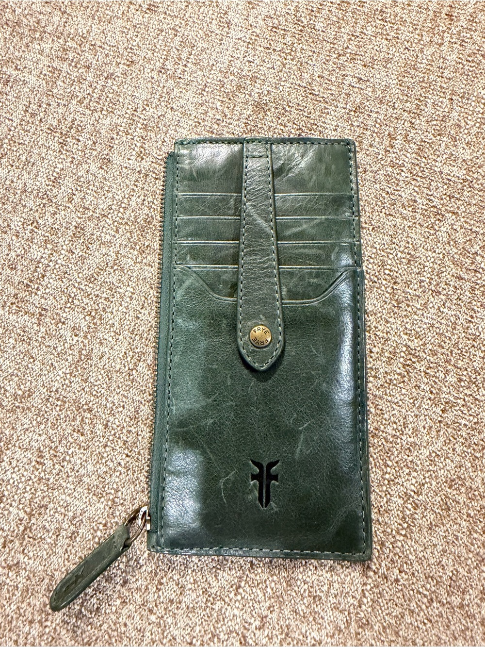 Frye Forest Green Leather Card Wallet with Snap Strap